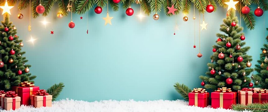 Festive Christmas scene with decorated trees and gifts, gentle snowflakes falling, slow panning camera, warm cinematic glow enhances holiday ambiance, perfect for seasonal marketing.
