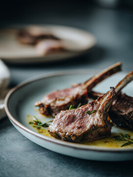 Saftige Lammkoteletts mit Kr&auml;utern auf rustikalem Teller serviert. Hochwertiges Fleischgericht, Gourmetk&uuml;che, warme Lichtstimmung, authentische Foodfotografie, Genuss und Handwerk.