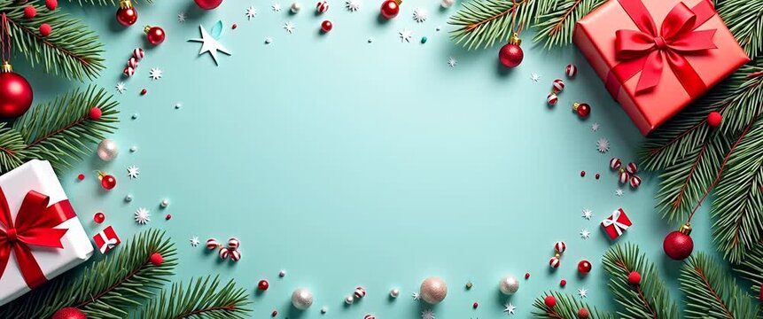 Festive Christmas decorations and gifts gently sway as camera slowly pans across a vibrant holiday-themed scene, capturing the joyful essence of the season in a cinematic, visually appealing style.