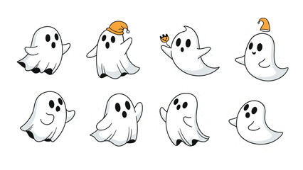 Fototapeta premium Delightful collection of eight cute and friendly ghost characters, each with unique poses and playful expressions, perfect for Halloween or lighthearted spooky designs.