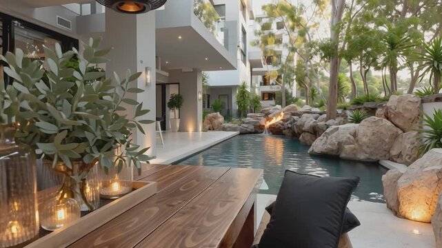 Contemporary Outdoor Oasis: A modern outdoor living space, featuring a stunning swimming pool, a stylish wooden table, and lush greenery, embodies contemporary design and offers a luxurious retreat.