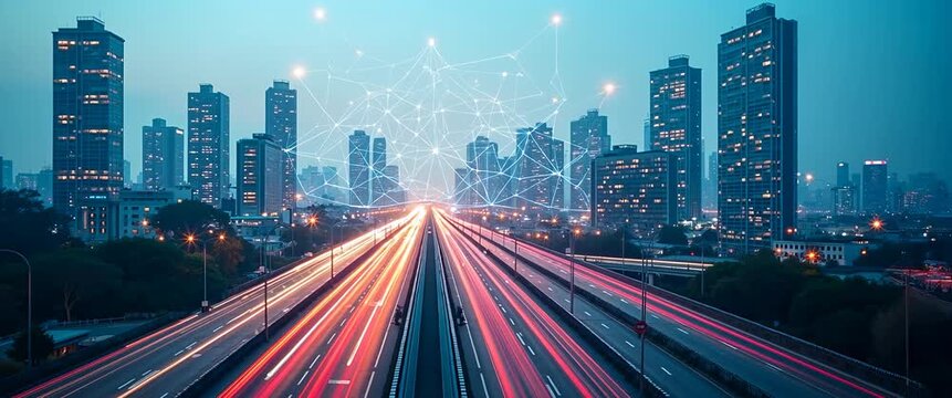 Dynamic urban skyline with fast-paced traffic, camera smoothly panning, and digital network overlay, in a cinematic, futuristic style showcasing modern technology and connectivity.