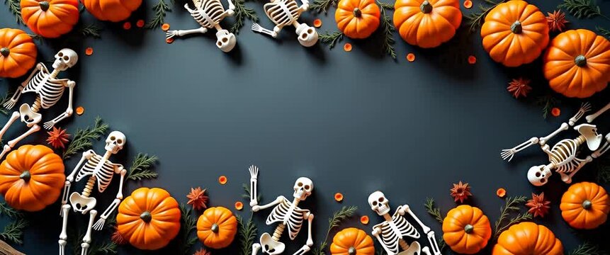 Festive Halloween scene with animated skeletons dancing among pumpkins, camera gently panning across the vibrant display, creating a cinematic, playful holiday atmosphere with ample copy space.