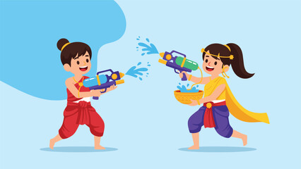 Naklejka premium Cheerful Thai children in traditional costumes joyfully playing with water guns and splashing bowls during the festive Songkran celebration, embodying cultural fun.