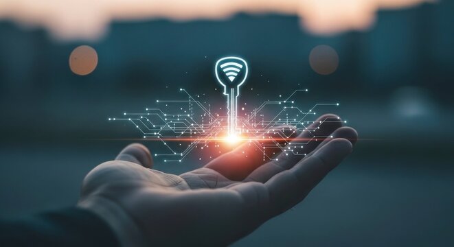 Hand holding glowing key with Wi-Fi symbol representing digital security and connectivity.