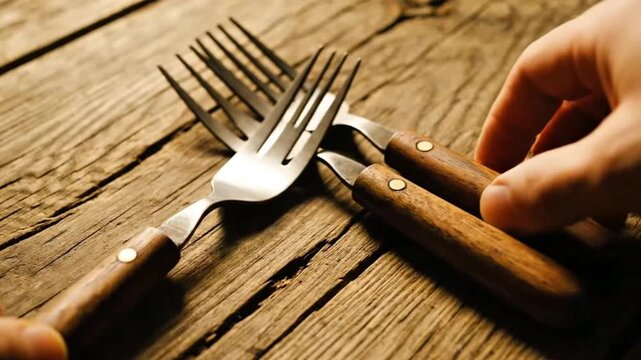 Wooden Cutlery: Rustic wooden cutlery, arranged on a weathered wood table, setting the scene for a warm meal or culinary preparation. Capturing the essence of simplicity and tactile elegance.