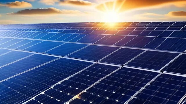 Solar panels at power plant sunrise and sun rays wide panorama