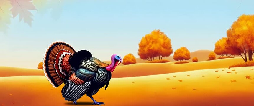 Vibrant turkey struts gracefully amidst falling autumn leaves, with a slow pan capturing the warm seasonal hues in a cinematic style, ideal for festive and Thanksgiving-themed projects.