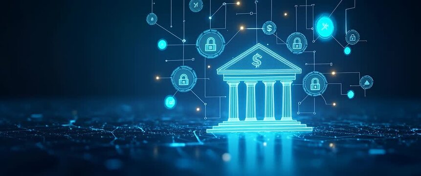 Futuristic digital bank structure glows as virtual currency symbols orbit, with subtle light flicker and a slow camera pan, in a cinematic depiction of fintech innovation.
