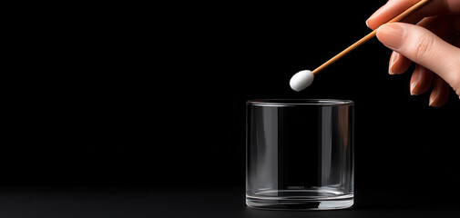 Cotton swab glass hand black background minimalist clean hygiene sterile healthcare precision. Cotton swab near clear glass black background, minimalist mood, clean and precise, gentle touch