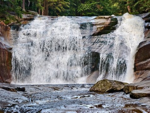 powerful waterfall display, dynamic scene of water pouring over cliff surrounded by lush evergreen woodland