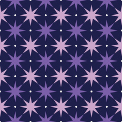 Seamless vector geometric pattern with pink and purple stars on a dark blue background