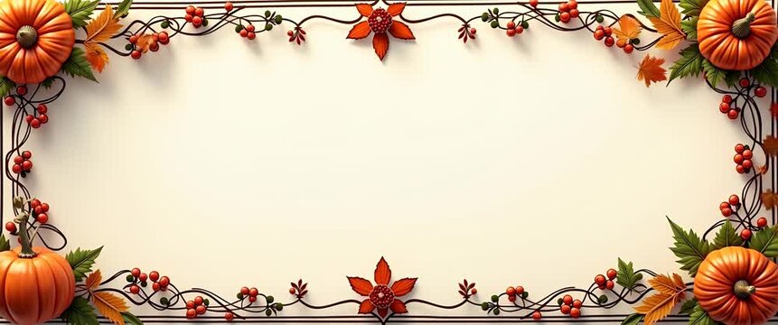 Autumn-themed border with pumpkins and leaves gently swaying, set against a blank backdrop; camera slowly pans across this festive, warm scene in a cozy, cinematic style.