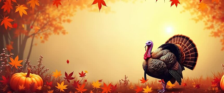Autumn leaves sway gently as a turkey struts through a sunlit forest clearing, with a slow pan capturing vibrant pumpkins and foliage in this cinematic fall harvest scene.