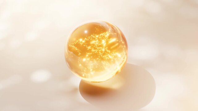 Abstract golden glowing orb with sparkling particles slowly rotating on a reflective surface