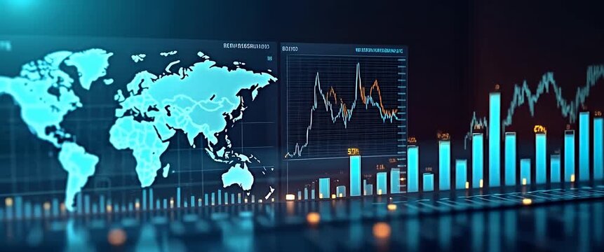 Dynamic digital world map with glowing financial graphs, camera slowly pans across futuristic interface, data points flicker in ambient motion, cinematic and professional style.