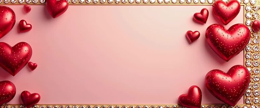 Elegant red hearts gently sway against a pink, gem-studded background, while the camera slowly pans, capturing a romantic, cinematic ambiance perfect for Valentine's Day themes.