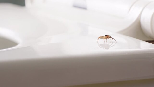 Close View of Spider Moving Along Toilet Surface in Bright Bathroom Environment Captured in Macro Perspective, Fear of Insects and Everyday Phobia Concept