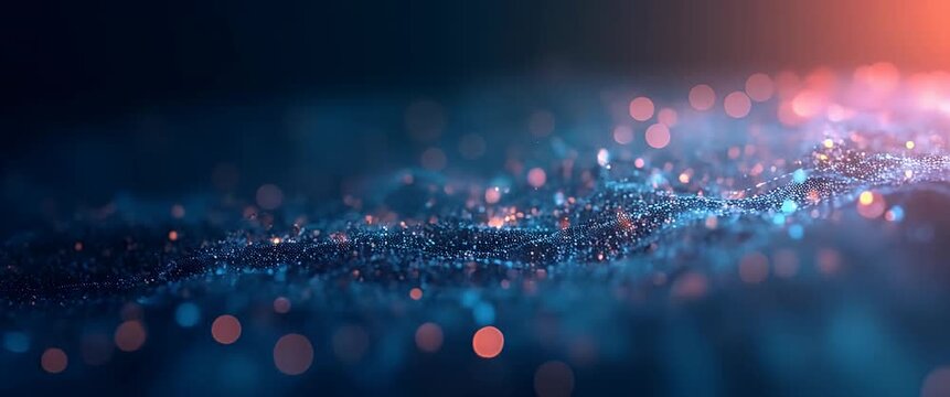 Particle waves gently undulate in a serene digital landscape, with a slow pan enhancing the ambient glow in this cinematic, abstract visualization of technology and innovation.