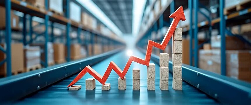 Cinematic tracking shot of stacked wooden blocks forming a rising graph on a moving conveyor belt in a bustling warehouse, symbolizing growth and logistics efficiency amidst ambient light flickers.