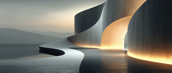 Organic Minimalist Concrete Architecture by the Water at Sunset