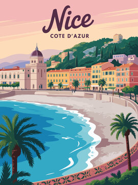 Nice Cote d'Azur Poster, purple cursive Nice text, black COTE D'AZUR text, curved sandy beach