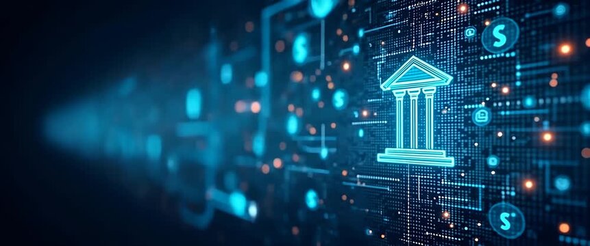 Digital finance symbols animate across a futuristic network interface, as the camera slowly pans, creating a cinematic view of the evolving financial technology landscape.