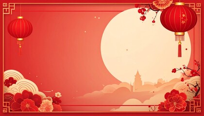 Festive Chinese New Year Background with Lanterns and Moon.