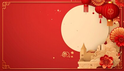 Festive Chinese New Year Background with Lanterns and Flowers.