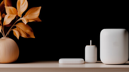 Minimalist home decor ceramic vase dried leaves modern gadget wireless speaker smart hub charging dock clean design neutral color wooden table. Minimalist home decor scene with ceramic vase