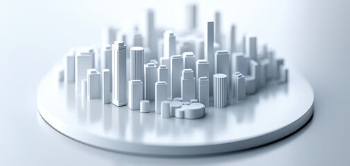 Minimalist city model white architecture urban skyline miniature buildings round platform modern design clean aesthetic soft lighting depth of field monochrome tones evoke calm