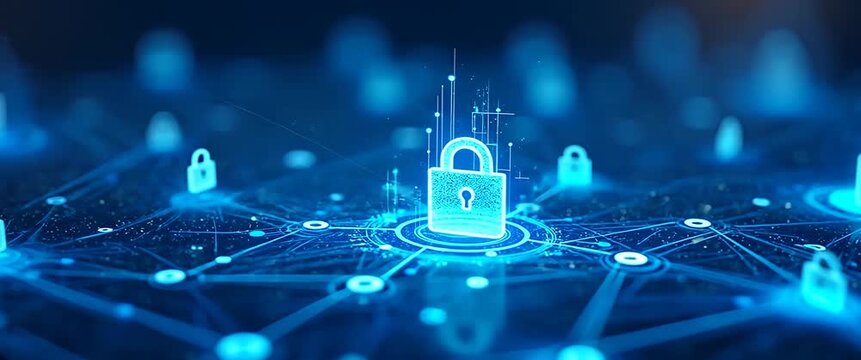 Futuristic digital security network with animated locks pulsing, camera smoothly pans across connected nodes, data streams subtly flow, cinematic and sleek for technology visuals.