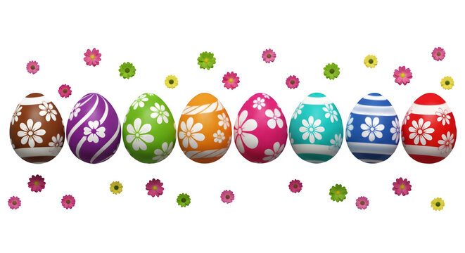 Vibrant easter eggs isolated on transparent background with floral designs