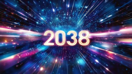 Fototapeta premium Radiant Year 2038 Celebration with Luminous Rays and Cosmic Backdrop, Perfect for Event Invitations