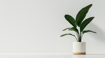 Minimalist indoor plant white wall pot modern decor green leaf minimalist indoor plant against white wall modern decor, green leaf houseplant ceramic pot with wood base, calm and clean atmosphere