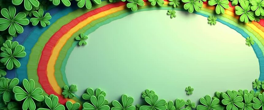 Vivid rainbow arches over lush green clovers, creating a serene backdrop; gentle camera pan highlights the vibrant colors and textures in a whimsical, stock-friendly design.