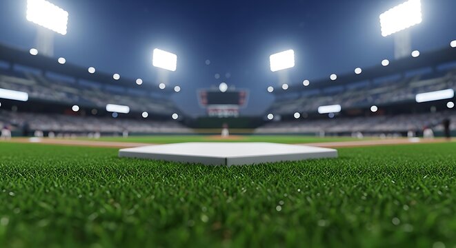 Low angle shot of a baseball field with a clear home plate, lights, and crowd in the stands