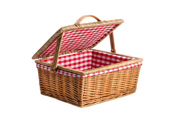 Open wicker picnic hamper with red white gingham fabric lining and handle, isolated on a transparent background