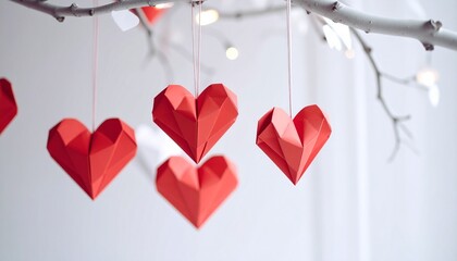 Festive Origami Hearts Hanging from a Branch - Valentines Day Decor.