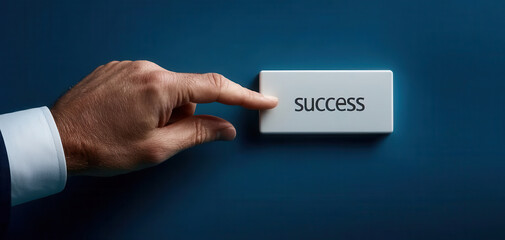 Success button business hand finger press blue background minimal motivation concept goal achievement modern calm focus and determination drive forward