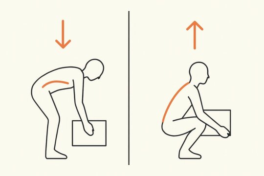 Proper lifting technique illustrated as an ergonomic guide highlighting safe posture for lifting objects to prevent injuries and enhance physical wellness through body mechanics
