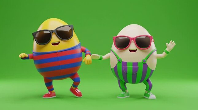 Two cartoon characters dancing on green background