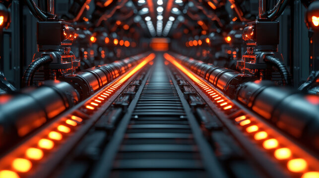 Futuristic factory corridor industrial tunnel glowing lights conveyor belt metal structure cyberpunk mood symmetrical perspective high tech dark interior red illumination