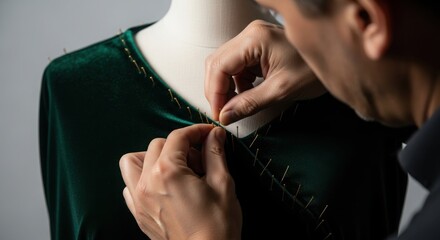 Close-up of Tailor Hands Pinning Emerald Green Velvet on Dress Form