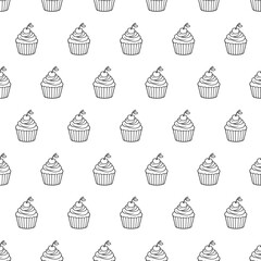 Seamless vector pattern with linear cupcakes with cherries on a white background