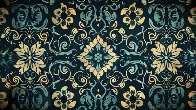 Elegant floral pattern with vintage ornament design in teal and gold colors on dark background