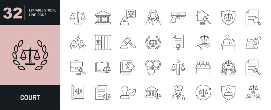 Court icon set. Editable line icons. Vector illustration.