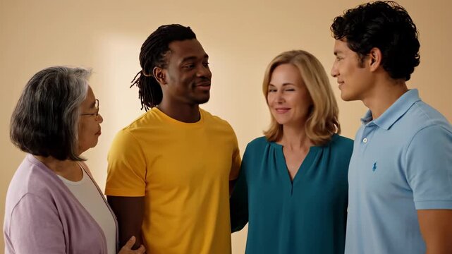 Four diverse individuals from different age groups smiling and interacting. Captures connection, happiness, and community.