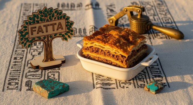 Traditional Egyptian Fatta Celebration Dish with Crispy Bread and Beef on Pharaonic Linen