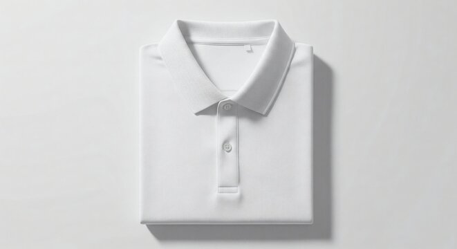 A professional folded white polo shirt mockup on a light gray background featuring classic short sleeves and a cotton pique fabric texture for apparel branding design